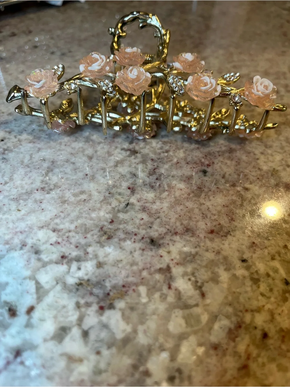 Gold Floral Rose Hair Clip with Blush Pink Roses